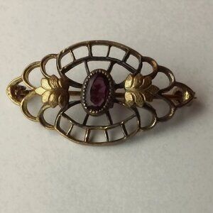 Vintage Pin Brooch Gold Leaves and Purple Stone 1 1/4" x 5/8" Has Been Worn